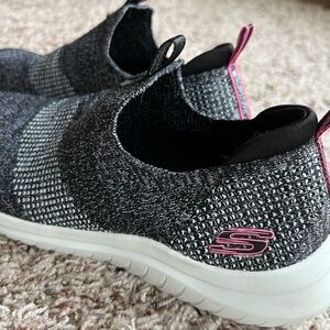 Skechers Charcoal and White Knit Slip-Ons